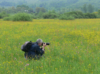 man photographing flowers