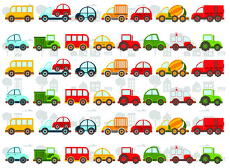 colored cars with houses, trees, bushes, bench. children's background 