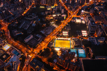 Stunning aerial view of the very crowded Hong Kong island streets