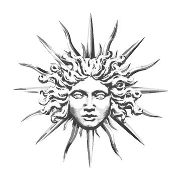 Vector engraving with a human head and sun rays in the antique style © kronalux