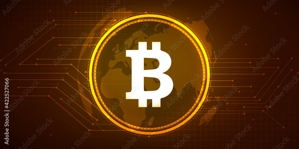 Poster modern glowing bitcoin with abstract globe map concept design. new abstract background wallpaper