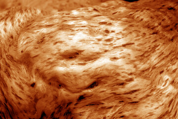 Wooden slab texture covered with stain in orange tone.