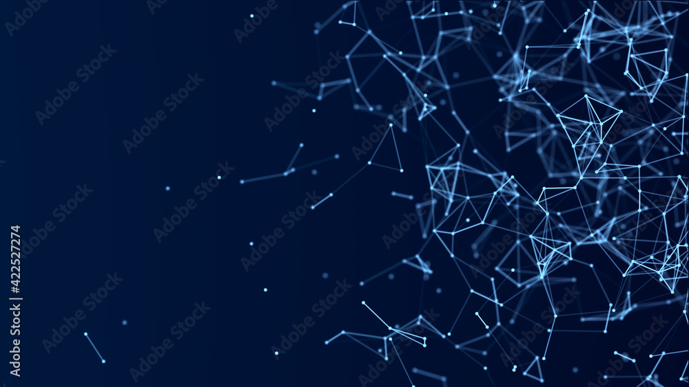 Fototapete 3d cube of lines and dots. wireframe polygonal element on dark background. science and technology. 3