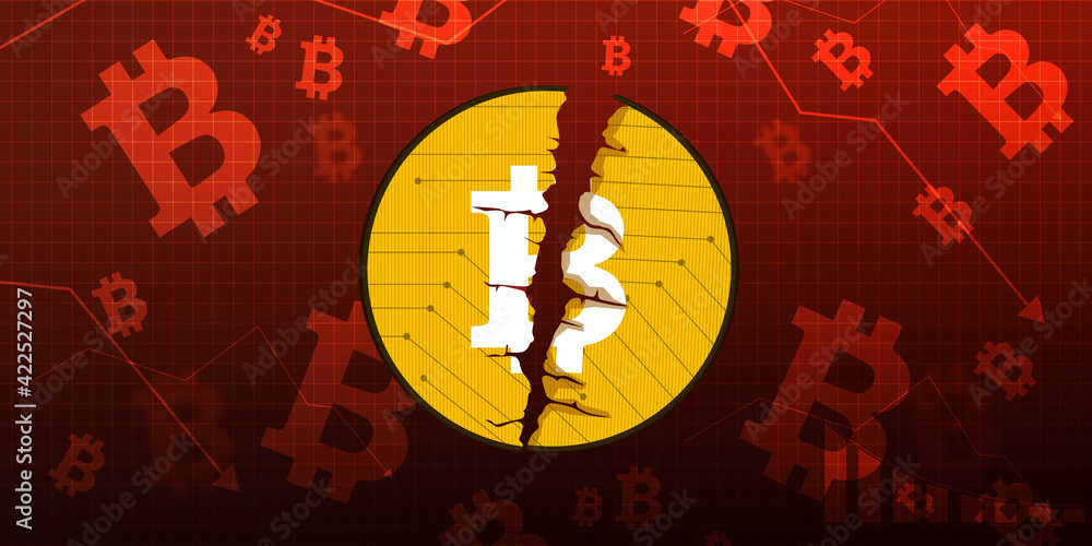Poster bitcoin going down. cracked 3d rendered bitcoin on red graph. bitcoin crashing background with red b