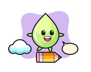 melon juice drop mascot illustration riding on a giant pencil