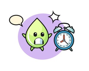 Cartoon Illustration of melon juice drop is surprised with a giant alarm clock