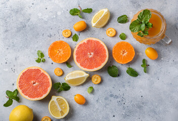 citrus platter with mint leaves for fresh juice
