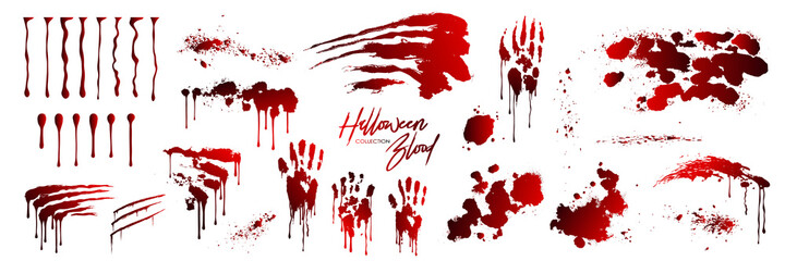 Blood collection, Happy Halloween decoration, Vector bloody horror drop, drip, splatter, creepy splash, spot. Realistic blood on transparent background, isolated.