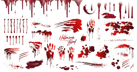 Blood collection, Happy Halloween decoration, Vector bloody horror drop, drip, splatter, creepy splash, spot. Realistic blood on transparent background, isolated. - obrazy, fototapety, plakaty