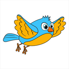 Bird is flying. Cartoon character Parrot isolated on white background. Template of cute bird. Education card for kids learning animals. Suitable for decoration and design. Vector in cartoon style.