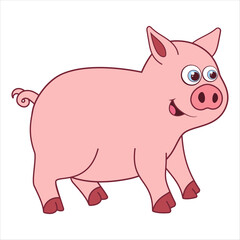 Pig. Cartoon character Piglet isolated on white background. Piggy. Template of cute farm animal. Education card for kids learning animals. Suitable for decoration and design. Vector in cartoon style.
