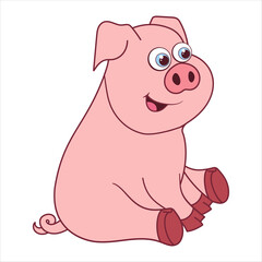 Piglet. Cartoon character Pig isolated on white background. Piggy. Template of cute farm animal. Education card for kids learning animals. Suitable for decoration and design. Vector in cartoon style.