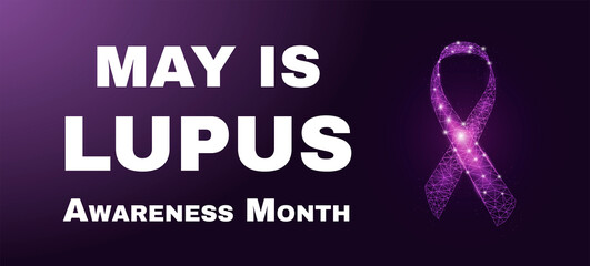 National Lupus awareness month.  Banner template with ribbon glowing low poly. Futuristic modern abstract.  Isolated on purple background. Vector illustration.