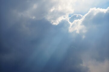 The sun's rays coming through the clouds.