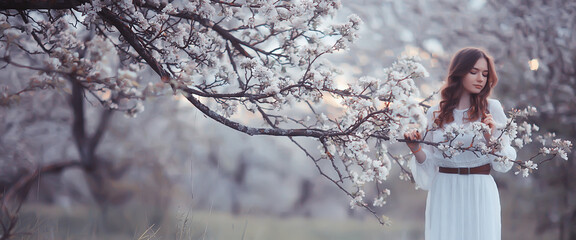 Naklejka premium happy girl dreaming in a blooming garden, fresh tenderness spring woman in flowers