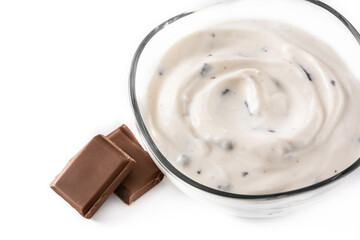 Stracciatella yogurt in transparent bowl isolated on white background