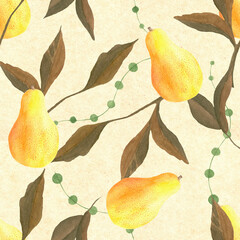Watercolor seamless pattern. Botanical background with pears, leaves, branches and herbs. Design elements. Perfect for textile, packing, fabric, invitations, cards.