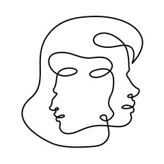 Male and female profile portrait. The face is within the face.Head in head. Logo portrait of a married couple. One continuous drawing line  logo single hand drawn art doodle isolated minimal illustrat