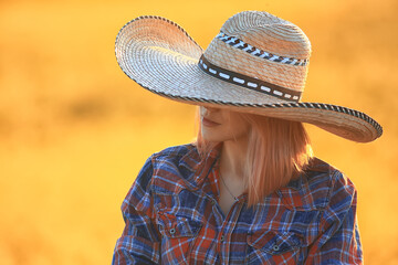 sexy cowboy girl in hat, country style summer american west