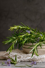 Close up of rosemary leaves, healthy herb food produce, food ingredients