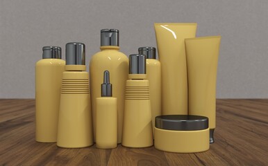 3d rendering mockup of a yellow bottle, packaging with a cap, isolated on a background cover black