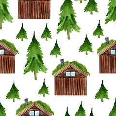 Obraz na płótnie Canvas Scandinavian wooden house in the forest watercolor seamless pattern.