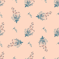 Hand drawn meadow flowers, herb engraving seamless pattern abstract background wallpaper. Line art botanical illustration. Floral wall art vector illustration, trendy color pastel pink, graphic design