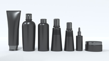 3d rendering mockup of a black bottle, packaging with a cap, isolated on a background 