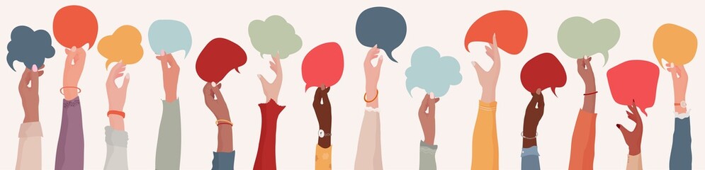 Fototapeta na wymiar Group Raised arms of diversity multi-ethnic multicultural women holding speech bubble in hand. Diverse women talking chatting and sharing information on social networks. Racial equality