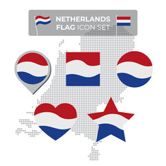 Netherlands denmark flag icons set in the shape of square, heart, circle, stars and pointer, map marker. Mosaic map of denmark. Waving dutch flag. Vector symbol, icon, button