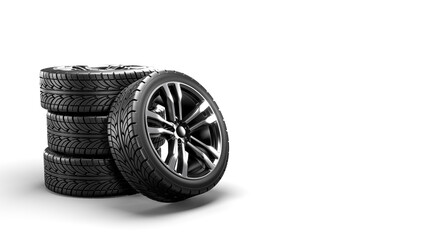 Five car wheels on a white background. 3D rendering illustration.
