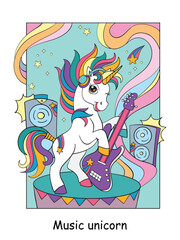 Cool unicorn with guitar colorful vector illustration