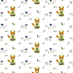 Seamless floral pattern with a fox and a basket in its paws, drawn in vector. Children illustrations for wrapping paper, textiles, decoration.