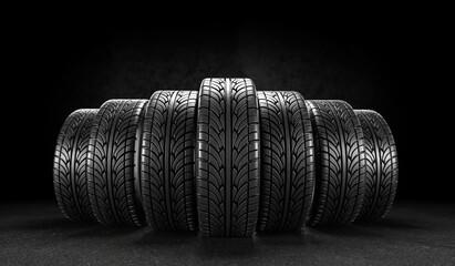 Seven car wheels on black background. Poster or cover design. 3D rendering illustration.