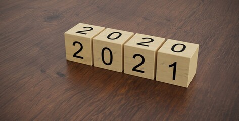 3d rendering two years 2020 and 2021 are written on the wooden box