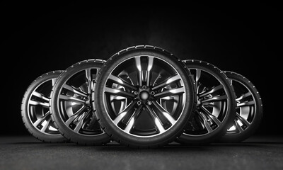 Fototapeta na wymiar Five car wheels on asphalt and black background. Poster or cover design. 3D rendering illustration.