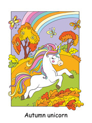 Cute running unicorn in the autumn forest vector