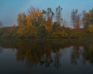 Fototapeta na wymiar Autumn fog on the river. Poplar grove in the fog.