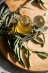 Essential oil with sage leaves extract. Hygiene bath product. Wellness therapy regeneration
