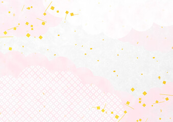 鹿の子模様の雲と切金と金箔　和風イラスト背景素材（ピンク）