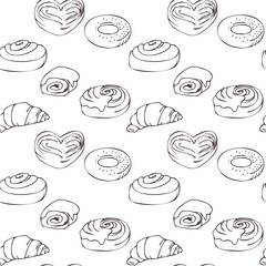 Vector seamless pattern Sweet pastries and pastries such as roll with chocolate, buns, cinnamon, croissant, bagel.