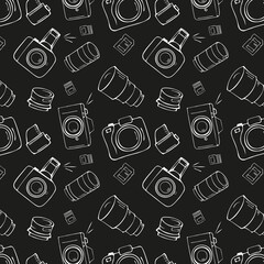 Photo equipment: photo apparatus, lens, memory cards, photographic film. Seamless pattern in cartoon style vector illustration.