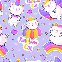 Vector seamless pattern with cute cat and rainbows, funny kawaii rainbow cats. Angel and princess