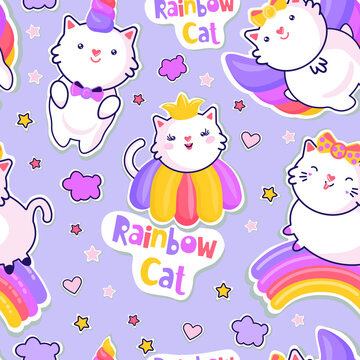 Vector seamless pattern with cute cat and rainbows, funny kawaii rainbow cats. Angel and princess © Yuliia