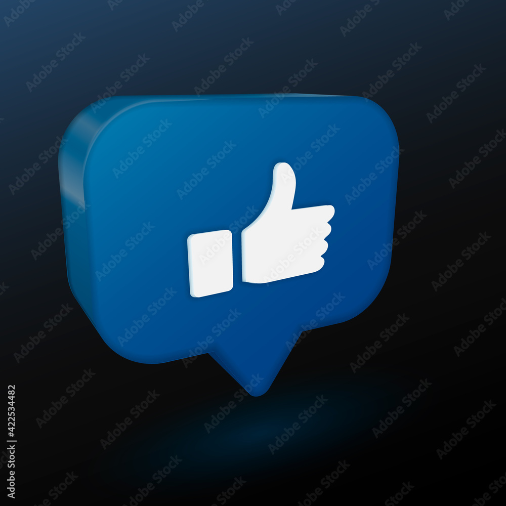 Poster 3d thumb up sign social network push notification icon design. modern like. vector illustration
