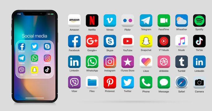 Collection of popular social media ios icons. trendy 2021 design elements, UI components. Social media icon set: Viber, YouTube, Instagram, Facebook, Twitter, Tik Tok, WhatsApp, Snapchat, Skype