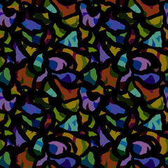 Seamless pattern of whimsical geometric shapes on black. Brush strokes, scratches, colorful mosaics. Pop art design of fabrics, sportswear, textiles, packaging, t-shirts, decor, youth accessories