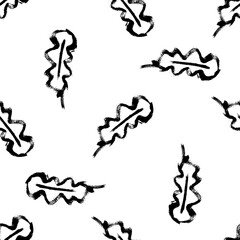 Oak leaf monochrome seamless vector pattern background. Simple calligraphy brush foliage black and white backdrop. Minimal elegant outline design. Painterly style all over print for packaging