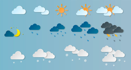 Weather icons. Weather icon in paper cut style. Vector illustration.
