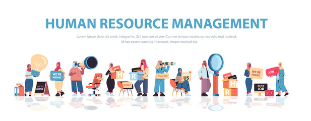 Fototapeta premium set arabic hr managers holding we are hiring join us posters vacancy open recruitment human resources